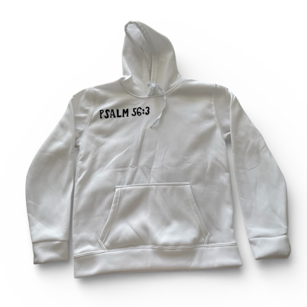 White Hoodie with Psalm 56:3 Print